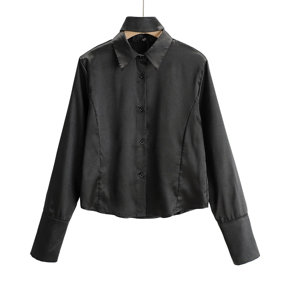 Satin Shirt With Neckband Decoration European And American Style Fashion Bloggers Same Style Loose Single-Breasted Long-Sleeved Shirt