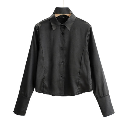 Satin Shirt With Neckband Decoration European And American Style Fashion Bloggers Same Style Loose Single-Breasted Long-Sleeved Shirt