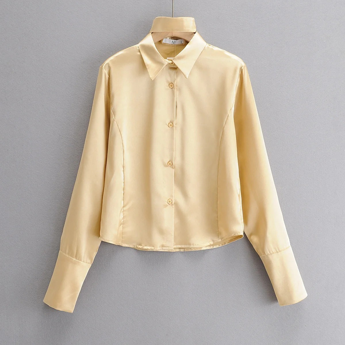 Satin Shirt With Neckband Decoration European And American Style Fashion Bloggers Same Style Loose Single-Breasted Long-Sleeved Shirt