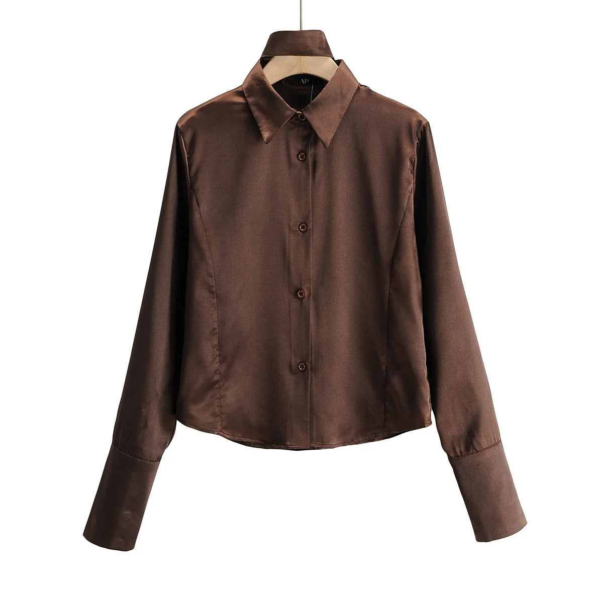 Satin Shirt With Neckband Decoration European And American Style Fashion Bloggers Same Style Loose Single-Breasted Long-Sleeved Shirt