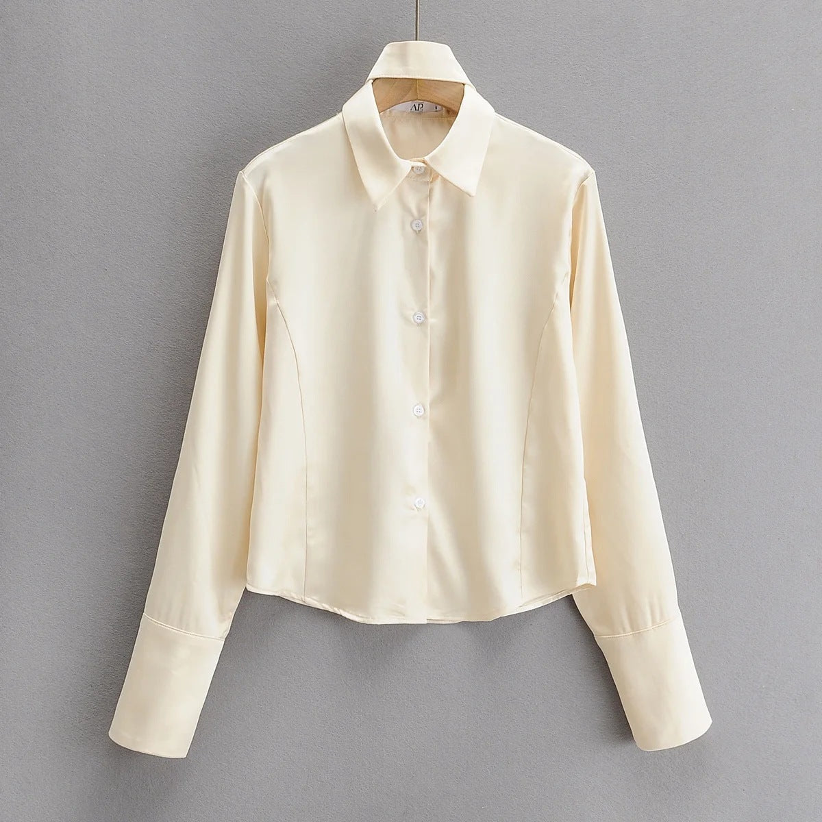 Satin Shirt With Neckband Decoration European And American Style Fashion Bloggers Same Style Loose Single-Breasted Long-Sleeved Shirt