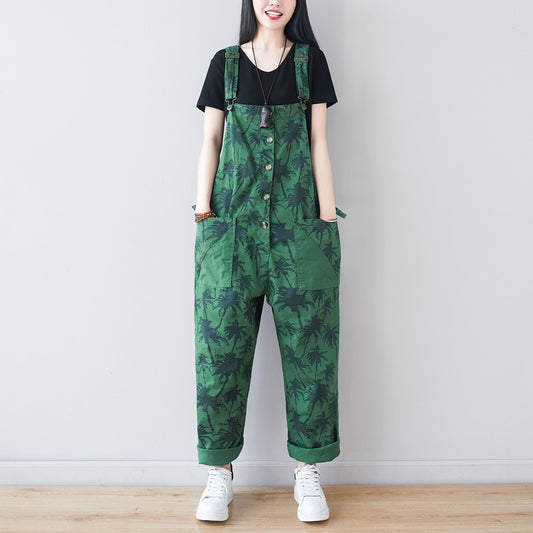 Korean Style Fashion Coconut Tree Bib Pants Plus Size Casual Pants Loose Print Three-Color In