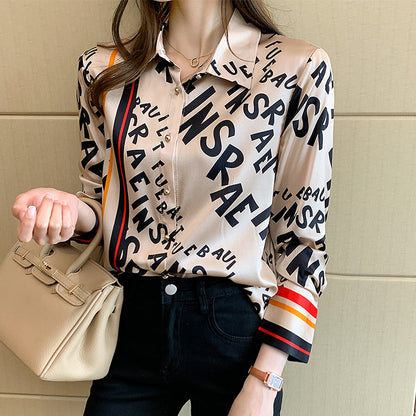 Satin Shirt Women's Long-Sleeved Spring And Autumn New Style Foreign Style Striped Letter Printing Casual Imitation Silk Blouse