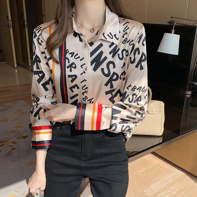 Satin Shirt Women's Long-Sleeved Spring And Autumn New Style Foreign Style Striped Letter Printing Casual Imitation Silk Blouse