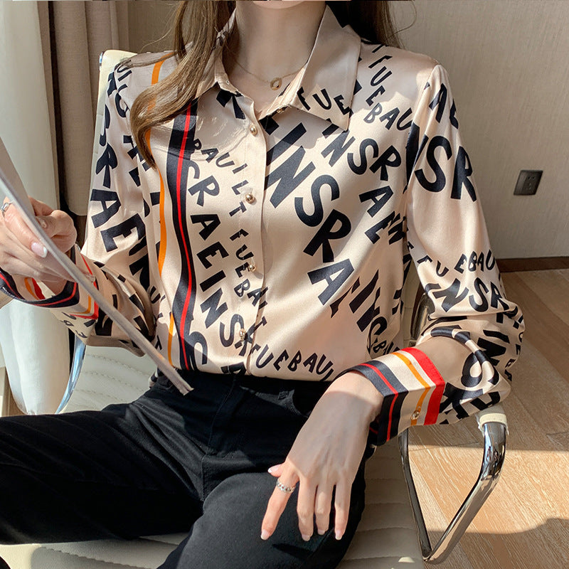 Satin Shirt Women's Long-Sleeved Spring And Autumn New Style Foreign Style Striped Letter Printing Casual Imitation Silk Blouse