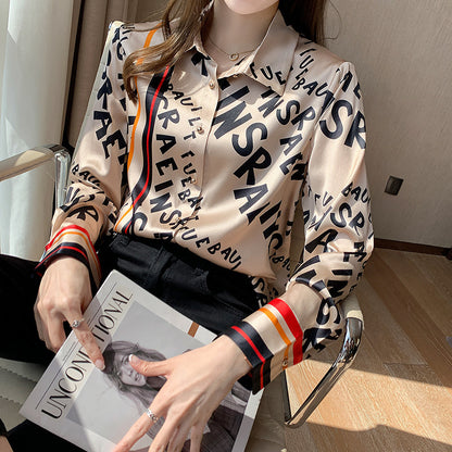 Satin Shirt Women's Long-Sleeved Spring And Autumn New Style Foreign Style Striped Letter Printing Casual Imitation Silk Blouse