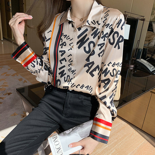 Satin Shirt Women's Long-Sleeved Spring And Autumn New Style Foreign Style Striped Letter Printing Casual Imitation Silk Blouse