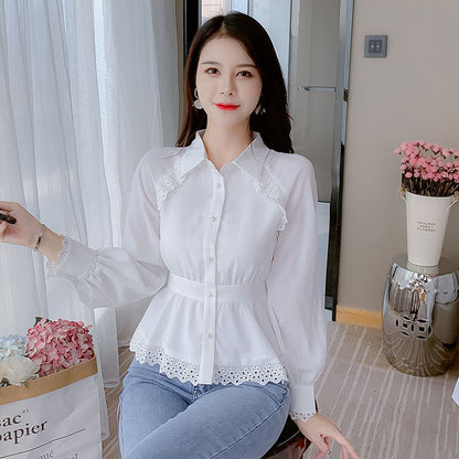 White Shirt Women'S Waist Waist Temperament Loose Chiffon Shirt Fashion Long-Sleeved Lapel Top