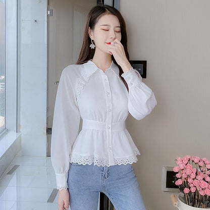 Camisa Blanca Cintura De Las Mujeres Temperamento Camisa De Gasa Suelta Top De Solapa De Manga Larga De Moda