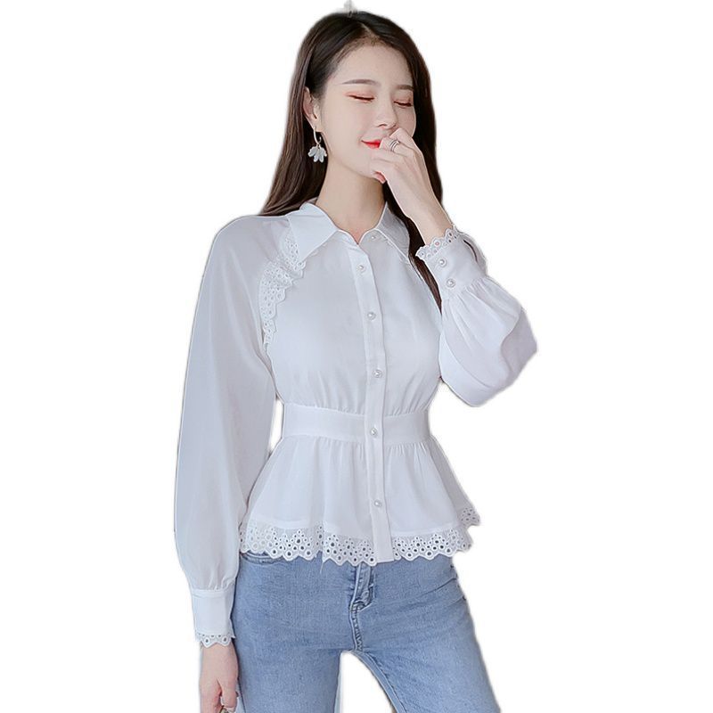 Camisa Blanca Cintura De Las Mujeres Temperamento Camisa De Gasa Suelta Top De Solapa De Manga Larga De Moda