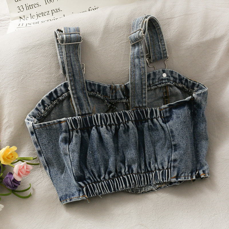 Version coréenne du court court ombilical beauté dos tout-Match Denim gilet femmes printemps et été plis mince vêtements d'extérieur Camisole