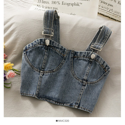 Version coréenne du court court ombilical beauté dos tout-Match Denim gilet femmes printemps et été plis mince vêtements d'extérieur Camisole