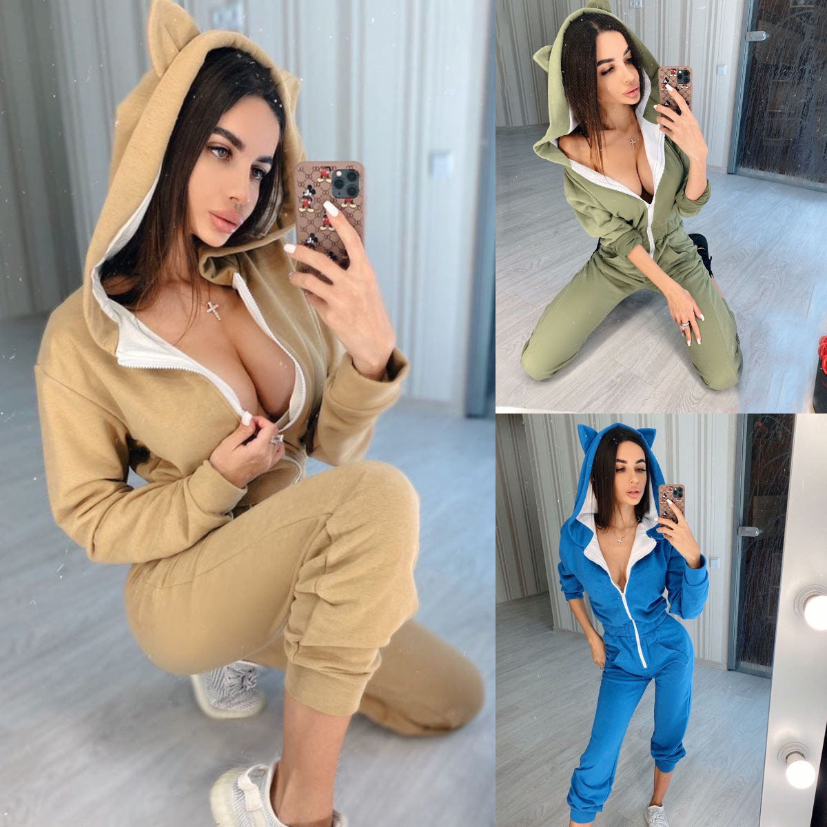 Women Lounge Wear Cotton Solid Jumpsuit Sports Casual Rompers Female Long Sleeve Pocket