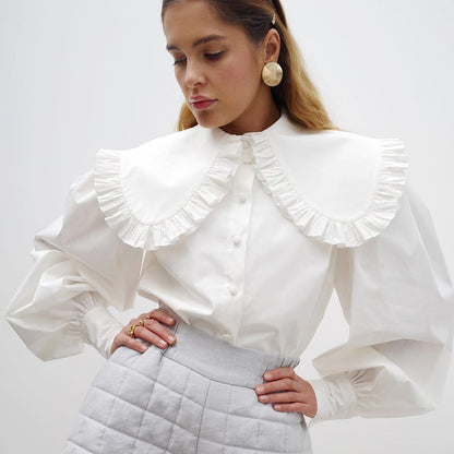 Camisa estilo palaciego cuello muñeca algodón blanco