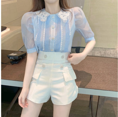 Summer Design Unique Blue French Gentle Lace Organza Bubble Sleeve Top