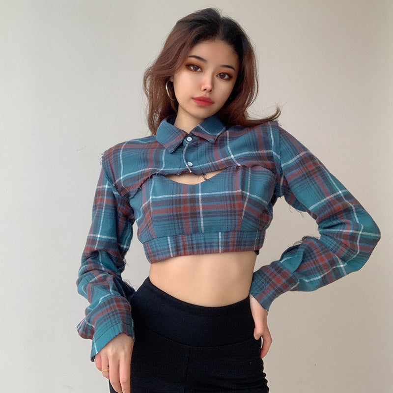 Checked Short Navel Two-piece Shirt