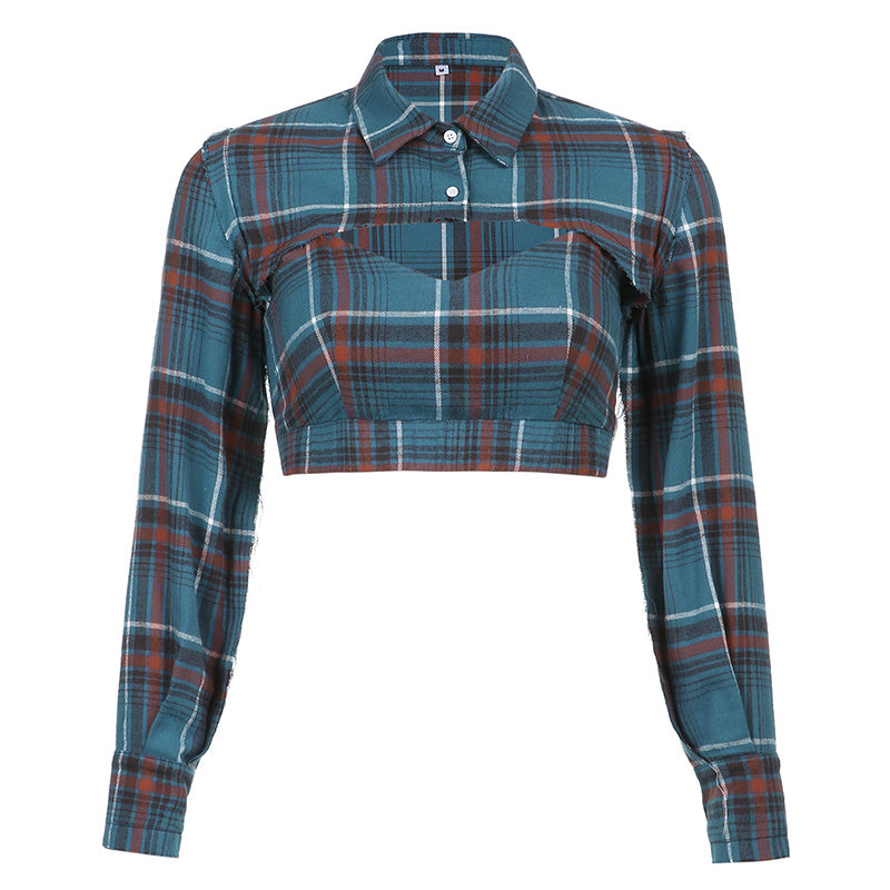 Checked Short Navel Two-piece Shirt