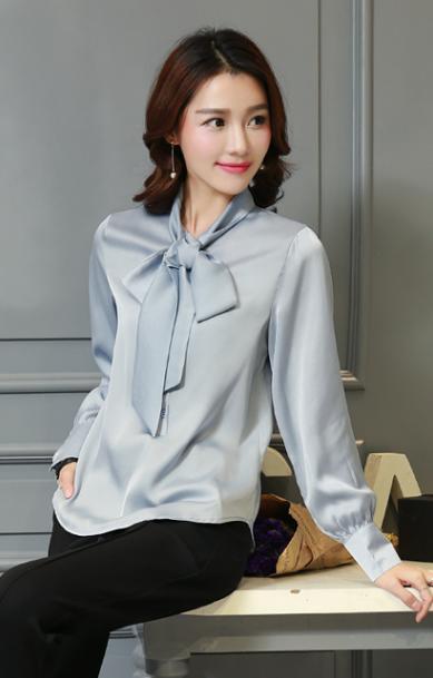 Women's Bow Tie Collar Solid Color Fashion Slim Imitation Silk Long Sleeve Lining