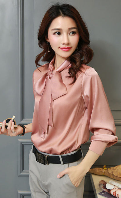 Women's Bow Tie Collar Solid Color Fashion Slim Imitation Silk Long Sleeve Lining