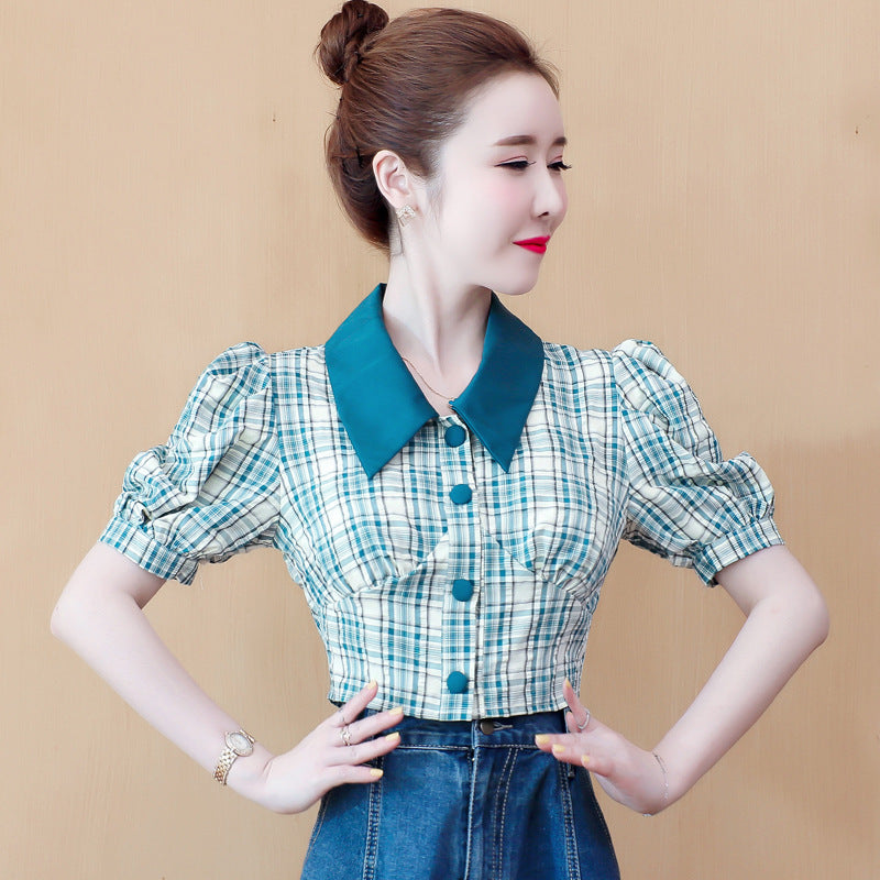 Retro Plaid Short Puff Sleeve Shirt Women