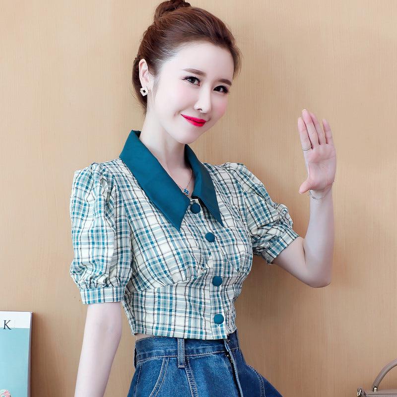 Retro Plaid Short Puff Sleeve Shirt Women