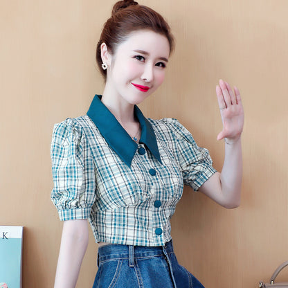 Retro Plaid Short Puff Sleeve Shirt Women