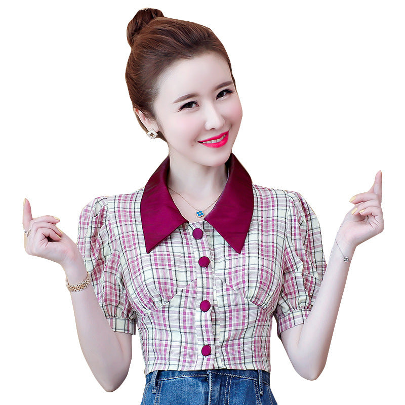 Retro Plaid Short Puff Sleeve Shirt Women