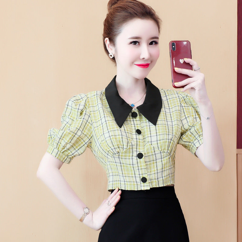 Retro Plaid Short Puff Sleeve Shirt Women