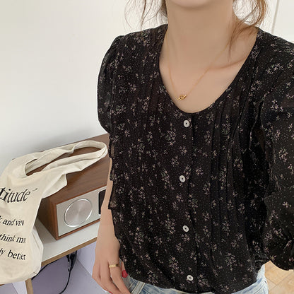 Camisa de gasa de manga corta Floral para mujer, blusa suave y dulce coreana Chic de verano