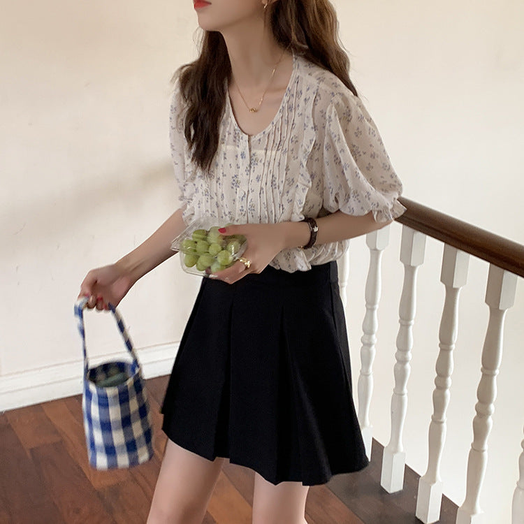 Floral Short-sleeved Chiffon Shirt Women Summer Korean Chic Gentle And Sweet Blouse