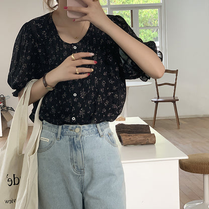 Floral Short-sleeved Chiffon Shirt Women Summer Korean Chic Gentle And Sweet Blouse