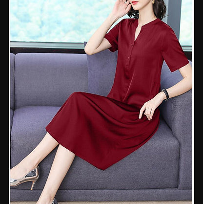 Temperament All-match V-neck Silk Over-the-knee Dress