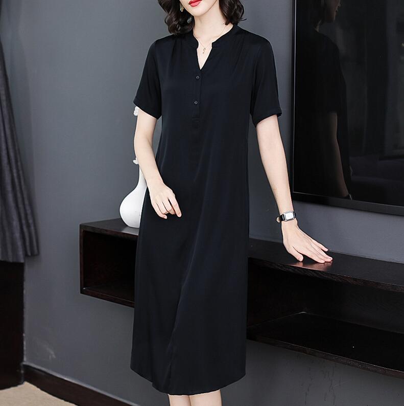 Temperament All-match V-neck Silk Over-the-knee Dress