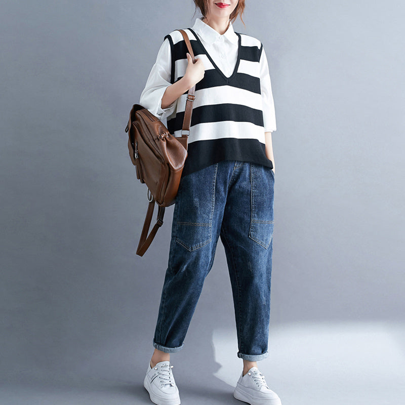 Fat Sister Suit Female Large Size Temperament Fashion Mid-Length Shirt + Striped Knitted Vest