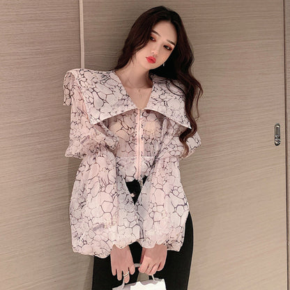 Age-Reducing Large Lapel Elegant Temperament French Puff Sleeve Flower Shirt Blouse Trendy