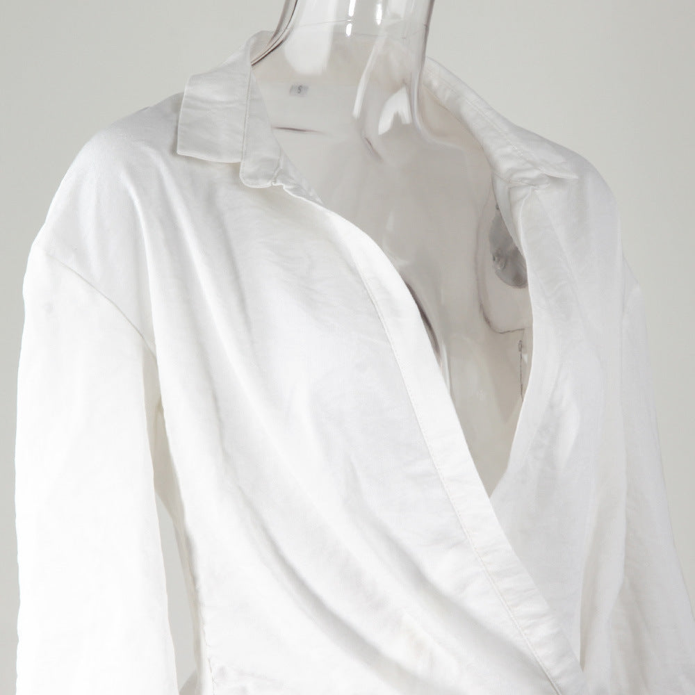 European And American Long-sleeved Deep V White Shirt