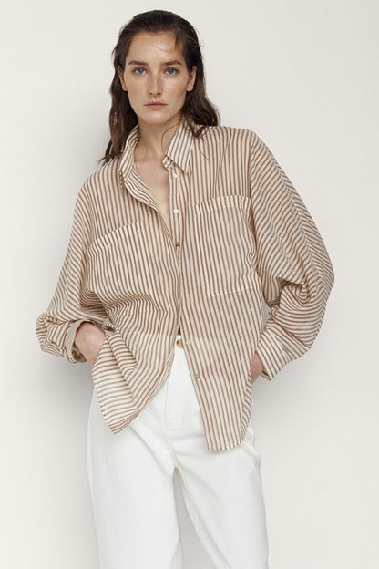 Simple Lapel Striped Long-sleeved Shirt Women