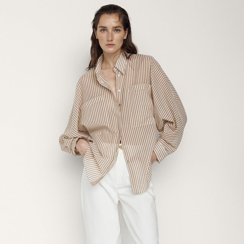 Simple Lapel Striped Long-sleeved Shirt Women