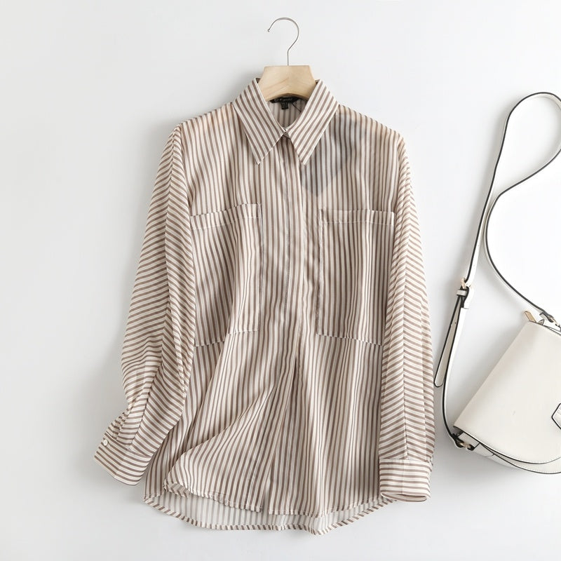 Simple Lapel Striped Long-sleeved Shirt Women