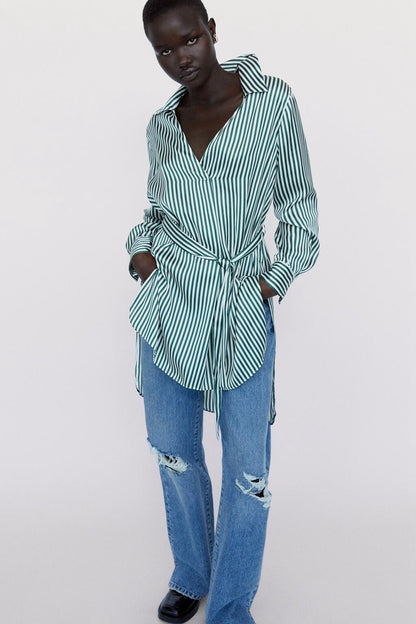 Silk Satin Striped Shirt With Belt