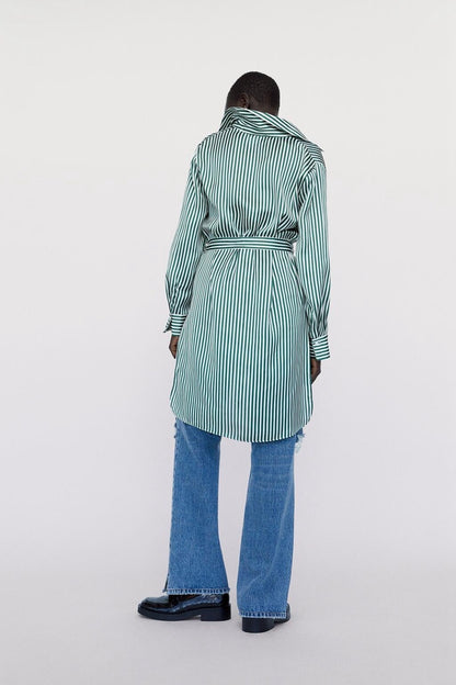 Silk Satin Striped Shirt With Belt