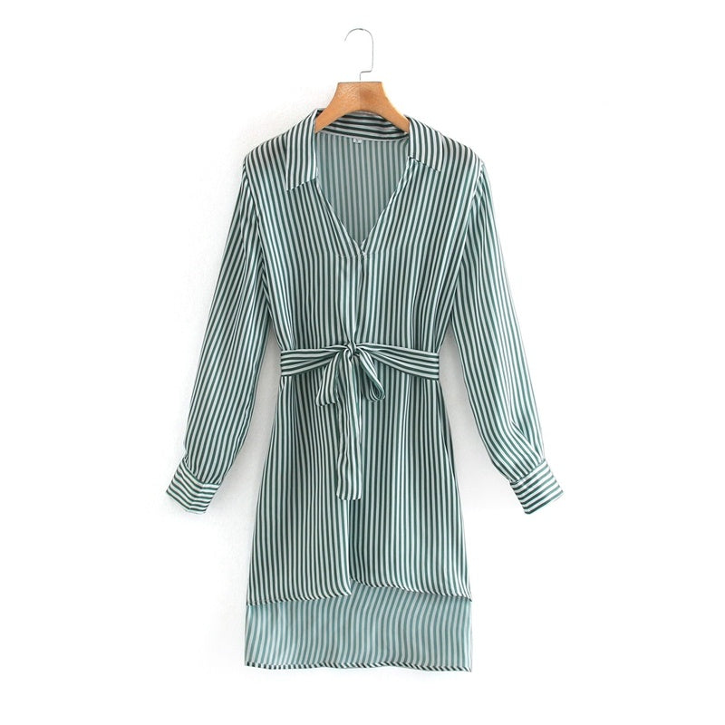 Silk Satin Striped Shirt With Belt