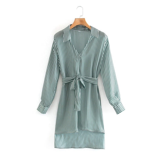 Silk Satin Striped Shirt With Belt