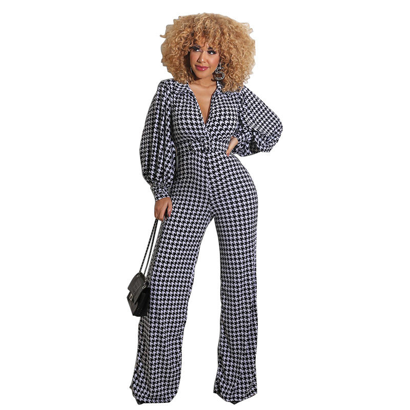 Puff Sleeve Women's Printed Jumpsuit Loose