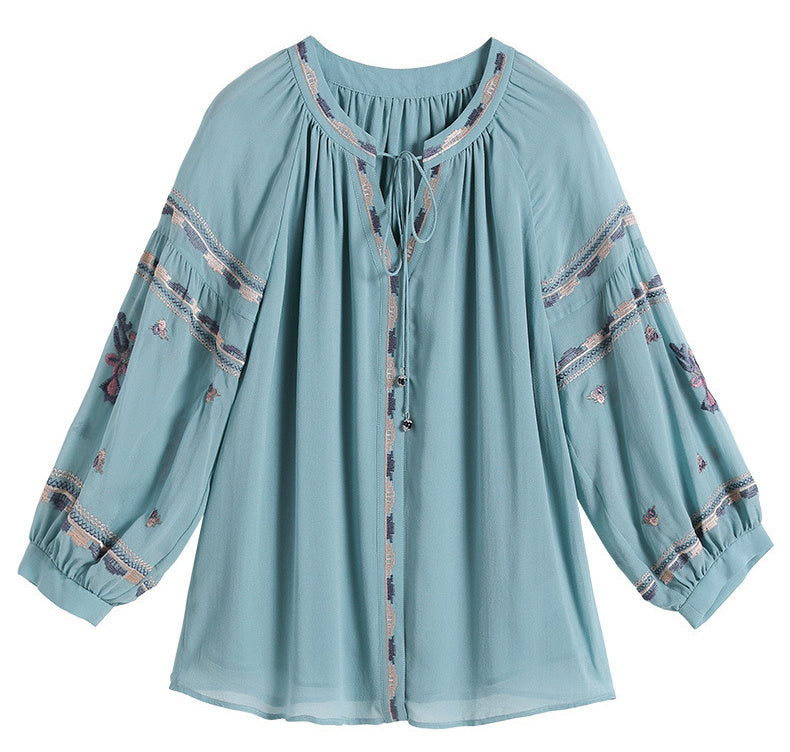 Silk Long-sleeved Shirt Women's Autumn New Style Embroidery Round Neck Lantern Sleeve Silk Top