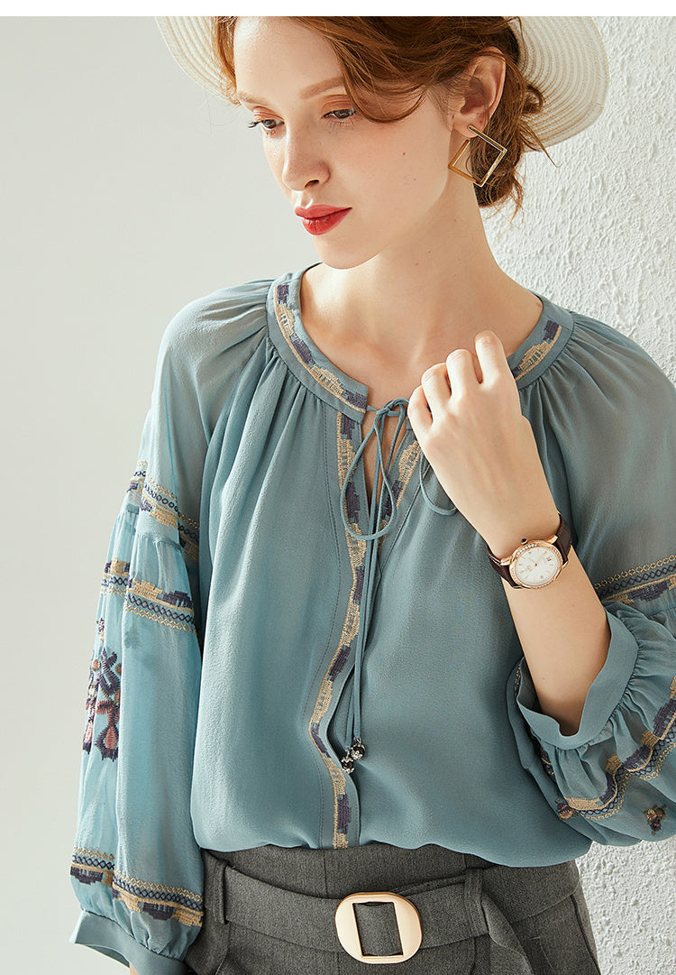 Silk Long-sleeved Shirt Women's Autumn New Style Embroidery Round Neck Lantern Sleeve Silk Top