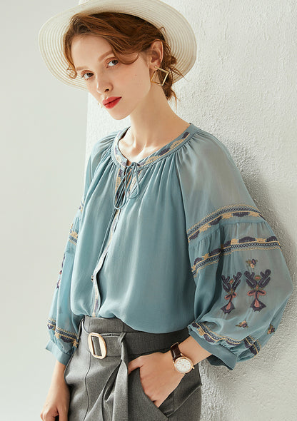 Silk Long-sleeved Shirt Women's Autumn New Style Embroidery Round Neck Lantern Sleeve Silk Top