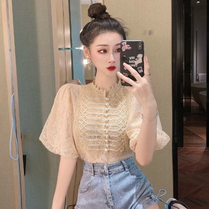 Shirt Temperament Bubble Short-sleeved French Niche Lace Top Women's Clothing