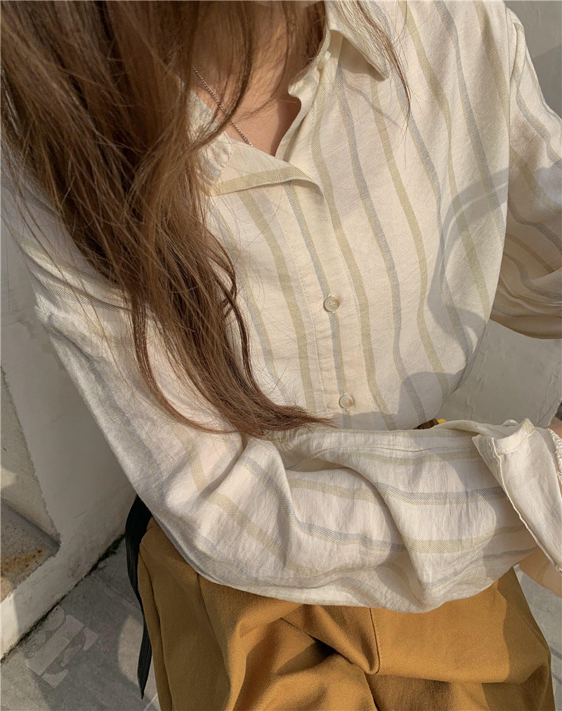 Women's Korean Style Silky Cool Striped Long-sleeved Sunscreen Shirt Temperament Casual Shirt