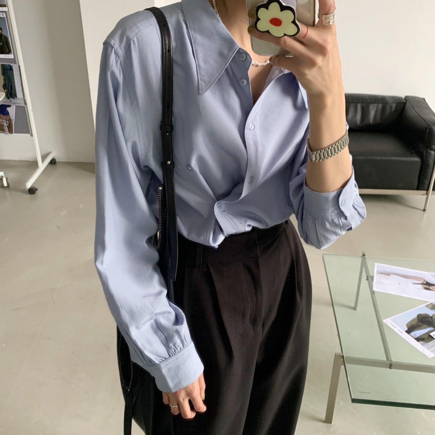 Korean Chic Spring Retro Double-Breasted Design Lapel Loose Casual Long-Sleeved Shirt Women'S Solid Color Top